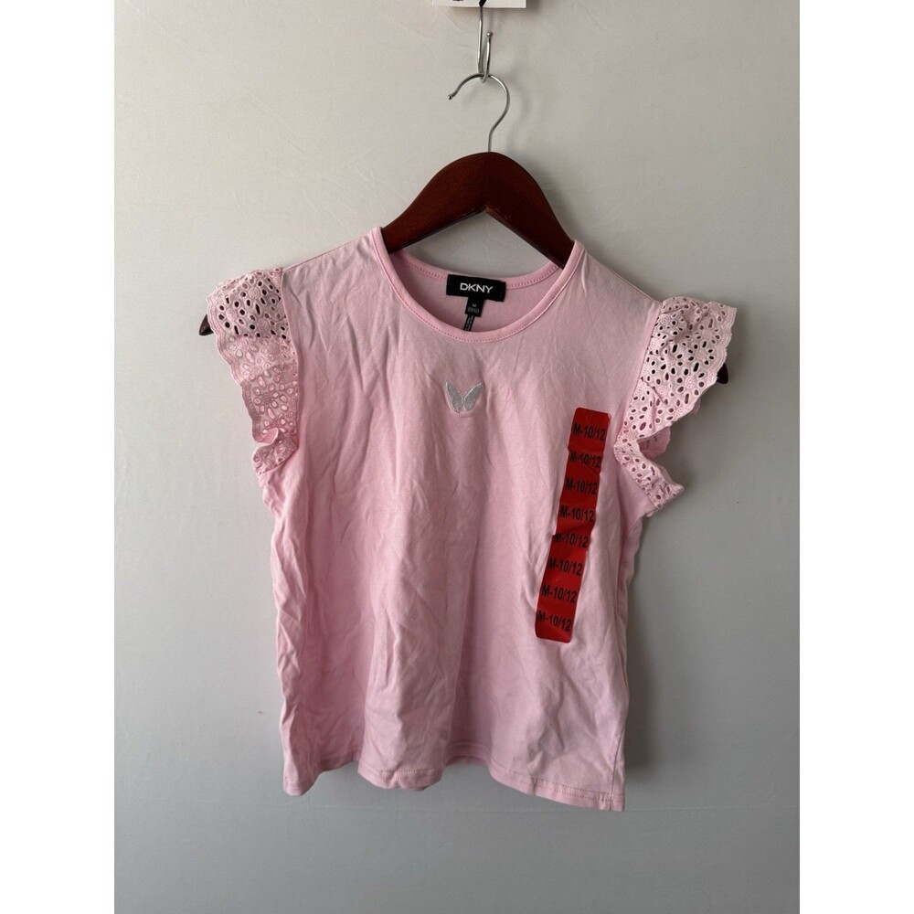 DKNY Girls M 10/12 Pink Eyelet Flutter Sleeve Butterfly Shirt Top NWT